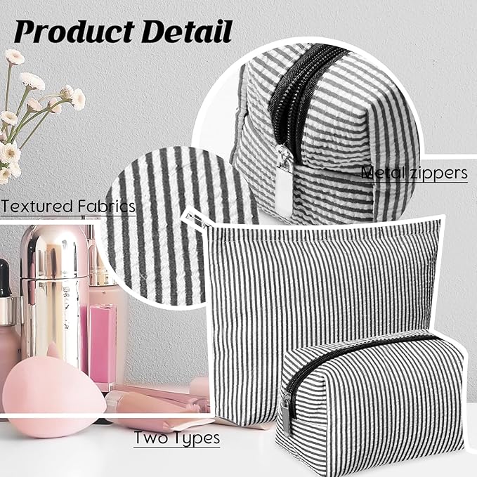 2 Pieces Makeup Bag Set Cute Cosmetic Pouch for Women Seersucker Travel Toiletry Bag Preppy Small Makeup Purse Pouch Aesthetic Skincare Brushes Storage Organizer for Christmas Women(Black)