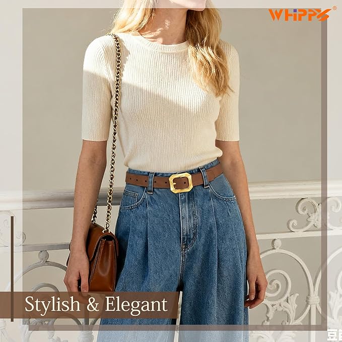 WHIPPY Women's Leather Belts with Gold Buckle Casual Fashion Ladies Waist Belts for Jeans Pants Dresses