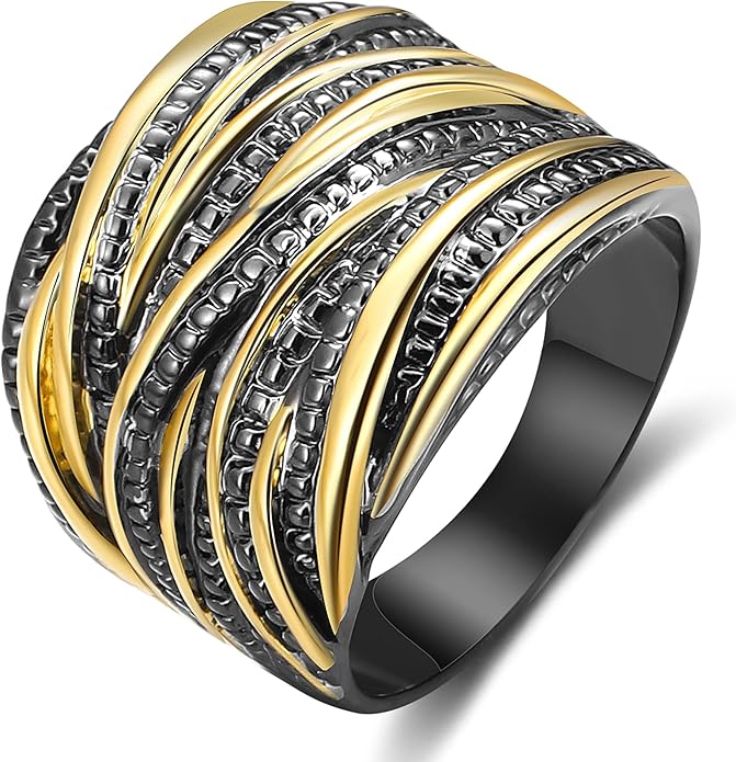 Mytys 2 Tone Intertwined Crossover Statement Ring Fashion Chunky Band Rings for Women Wide Index Finger Rings Costume Jewelry