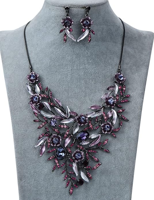 Vintage Women Beautiful Crystal Flower Enamel Blossom Flower Collar Bib Statement Necklace and Earrings Set for Women Wedding Bridal Prom