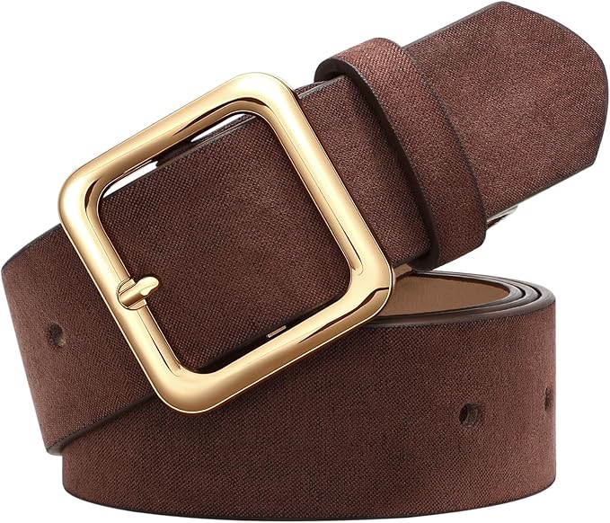 XZQTIVE Women’s Suede Belt for Jeans Pants Dresses Fashion Ladies Dark Brown Belt with Gold Buckle