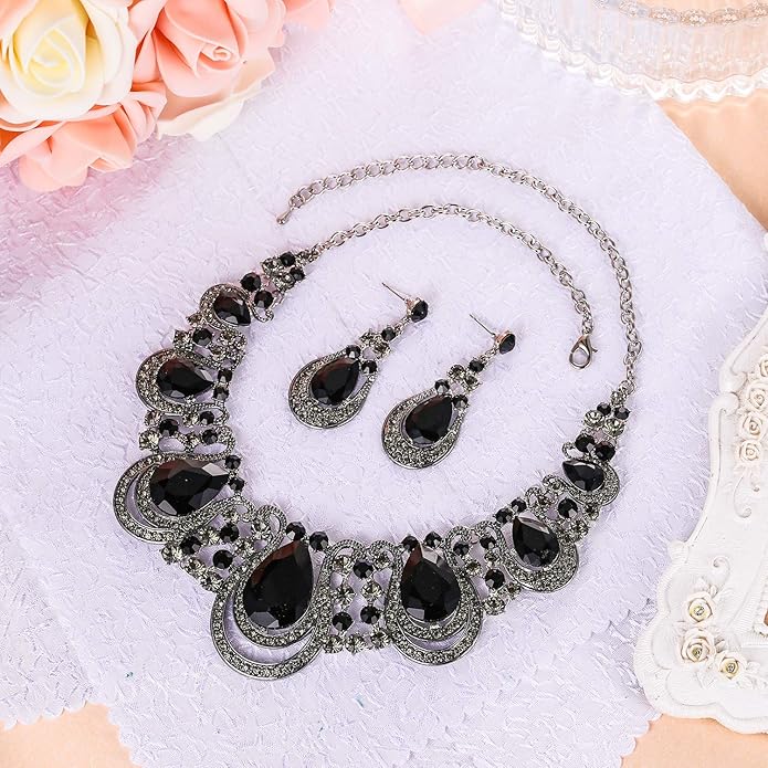 BriLove Women's Costume Fashion Crystal Teardrop Hollow Scroll Statement Necklace Dangle Earrings Set