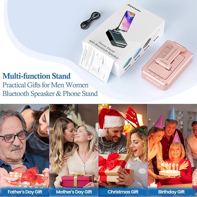 JTEMAN Cell Phone Stand with Bluetooth Speaker,Birthday Gifts for Women and Men,Kitchen Gadgets for Men,Compatible for iPhone/Samsung/Mini iPad - Pink