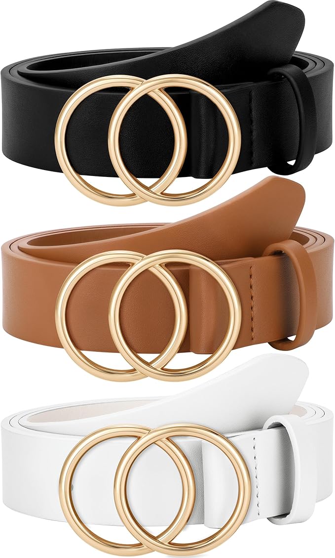 SUOSDEY Women Leather Belt Fashion Double O-Ring Soft Faux Leather Waist Belts For Jeans Dress