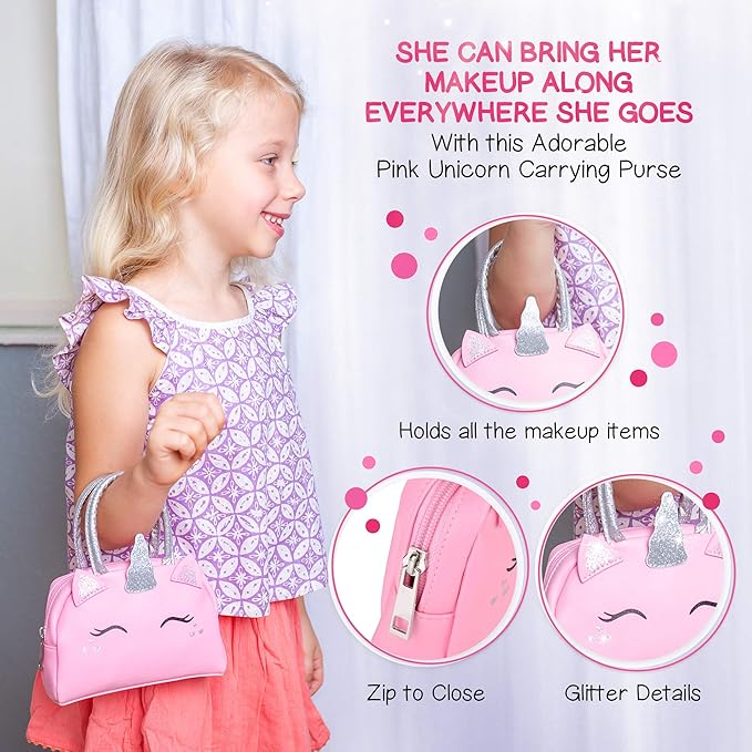 Kids Real Makeup Kit with Pink Unicorn Purse, Non Toxic Washable Make Up Set - Unicorn Toys for Girls Age 4-6, Valentines Day Gifts for Kids, Birthday Gift for Girl Ages 3 4 5 6 7 8 9 10 Years Old