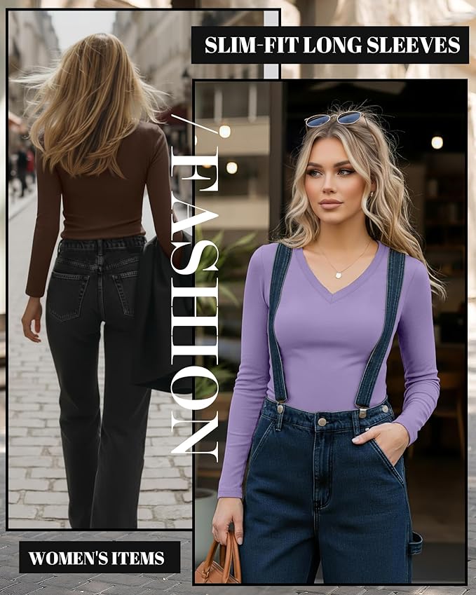Ficerd 3 Pack Women's Long Sleeve Shirts, V Neck Basic Tees Slim Fitted Casual Fall Tops Going Out Blouses T Shirts