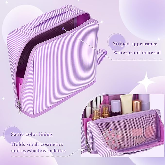 Striped Makeup Bag Large Cosmetic Bags for Women Gift with Brush Loops Mesh Pocket Wrist Strap Travel Organizer Storage Pouch Toiletry Case with Divider for Mirror(Lavender)