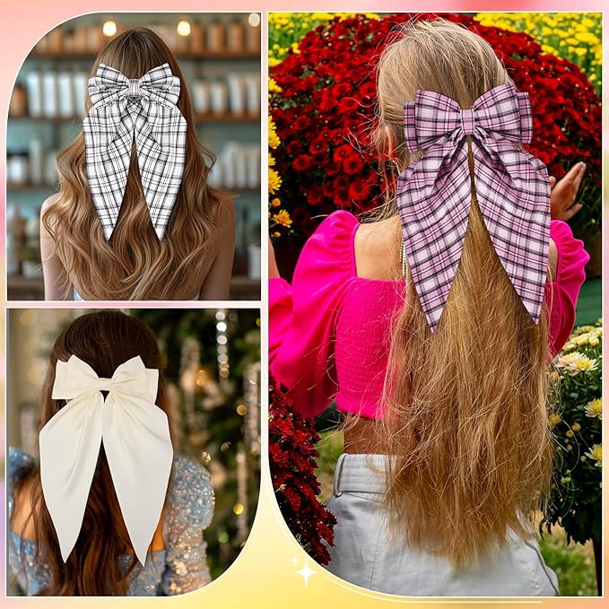 Hoteam 16 Pcs Silky Satin Hair Bows Bulk for Women Large Hair Ribbons Oversized Bows Oversized Long Tail Large Bow-knot Clips Accessories Gifts(Plaid)