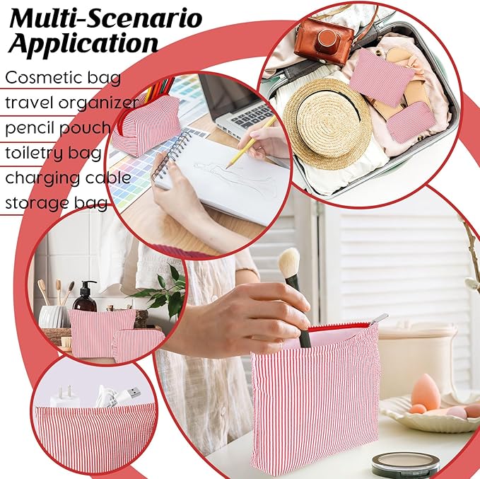 2 Pcs Makeup Bag Set Cute Cosmetic Pouch for Women Seersucker Travel Toiletry Bag Preppy Small Makeup Purse Pouch Aesthetic Skincare Brushes Storage Organizer for Christmas Women (Red)