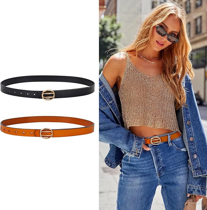 Women's Fashion Classic Metal Buckle Leather Belt with Jeans Dress