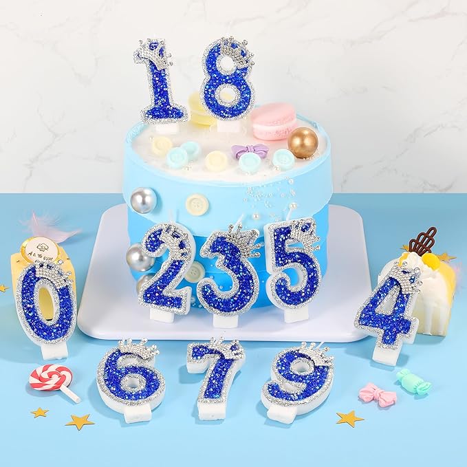 Blue Birthday Candle Crown Number 3 Candle with Sequins Cake Candles Cupcake Decorations Party Decor for Anniversary Celebrations Supplies