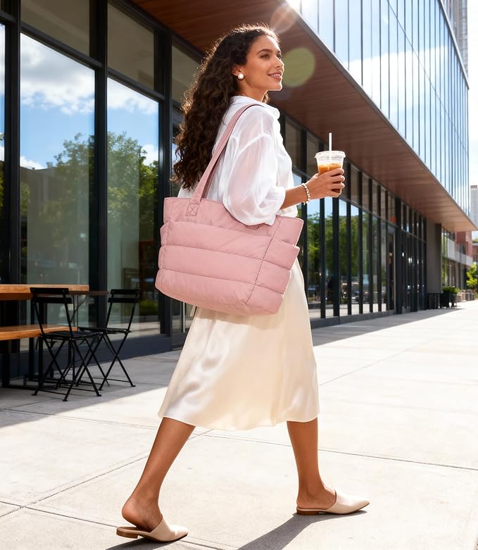 Puffer Tote Bag for Women, Cute Quilted Carryall with Zippered Compartments Shoulder Bag Handbag for Work, Travel, Gym