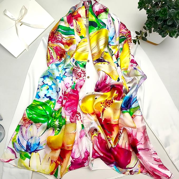 100% Mulberry Silk Scarf for Women Neck Oblong Headscarves Long Floral Print Lightweight Silk Wraps Shawls 67"*20"