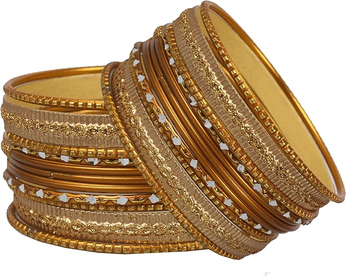 Touchstone Indian Metal Bangles for Women Gold Alloy Bracelets desi 2 Dozen Bangle Collection Bollywood Women's Jewelry Set Multi Stacking Wide Chunky Textured Golden Set of 24 in Gold or White Tone