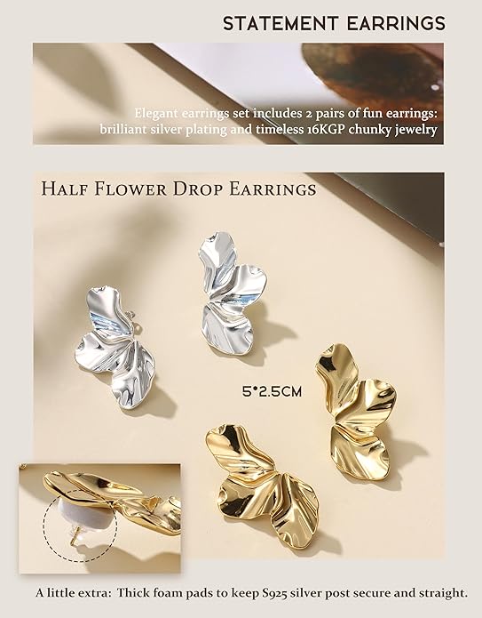 KRFY Statement Earrings 2 Pairs, S925 Sterling Silver Post 16K Plated Chunky Gold Earrings For Women Trendy, Hypoallergenic Big Flower Leaf Stud Earring Set, Silver Color Large Dangle Earrings Jewelry