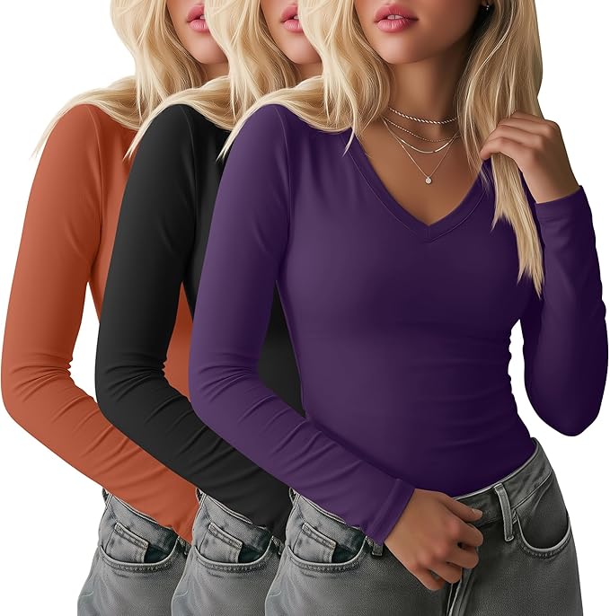 Ficerd 3 Pack Women's Long Sleeve Shirts, V Neck Basic Tees Slim Fitted Casual Fall Tops Going Out Blouses T Shirts