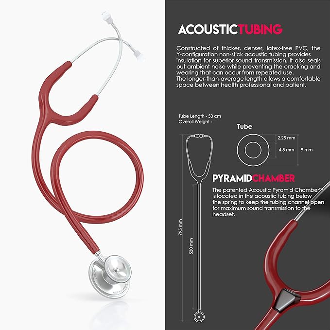 MDF Instruments, Acoustica Lightweight Stethoscope for Doctors, Nurses, Students, Home Health Use, Adult, Dual Head, Burgundy Tube, Silver Chestpiece-Headset, MDF747XP17