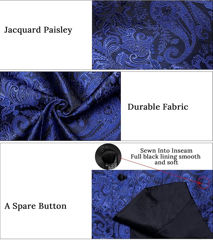 DiBanGu Mens Paisley Suit Vest Silk Jacquard Waistcoat and Necktie Set Formal Shawl Collar Dress Vest 7PCS for Wedding Party