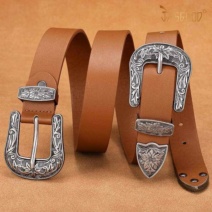 JASGOOD Double Buckle Western Belts For Woman Cowgirl Country Belt Vintage Black Leather Belt For Jeans Pants Dresses