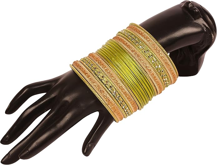 Touchstone Indian Metal Bangles for Women Gold Alloy Bracelets desi 2 Dozen Bangle Collection Bollywood Women's Jewelry Set Multi Stacking Wide Chunky Textured Golden Set of 24 in Gold or White Tone