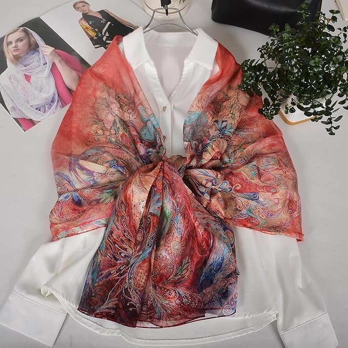 100% Mulberry Silk Women's Neck Silk Scarf-Lightweight Shawl,FLoral Print Beach Silk Wrap-Scarves for Photography