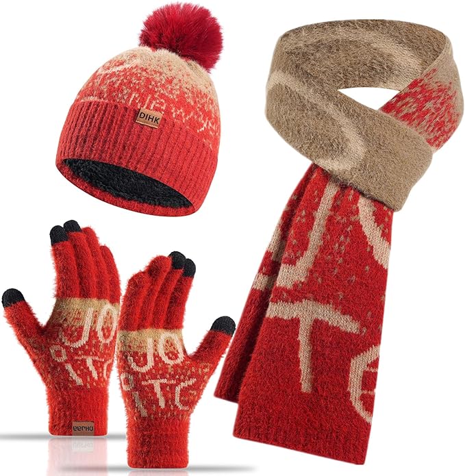 Winter Hat Scarf Gloves Set for Women Womens Knit Warm Hat Beanie Long Scarf Touchscreen Gloves Skull Caps Neck Scarves