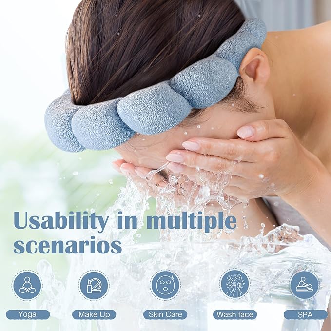 Spa Face Washing Headbands Set - 2 Terry Cloth Makeup Headbands, Combo Pack for Facial Skincare, Face Masks (Dark Blue + Light Blue)