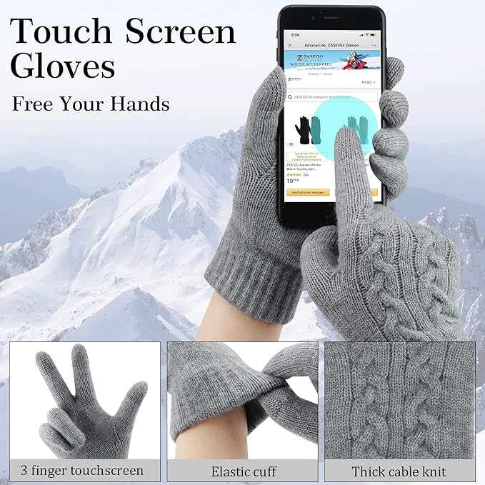 Womens Winter Beanie Hats Long Scarf Touchscreen Gloves Set Warm Knit Skull Caps Gifts for Women