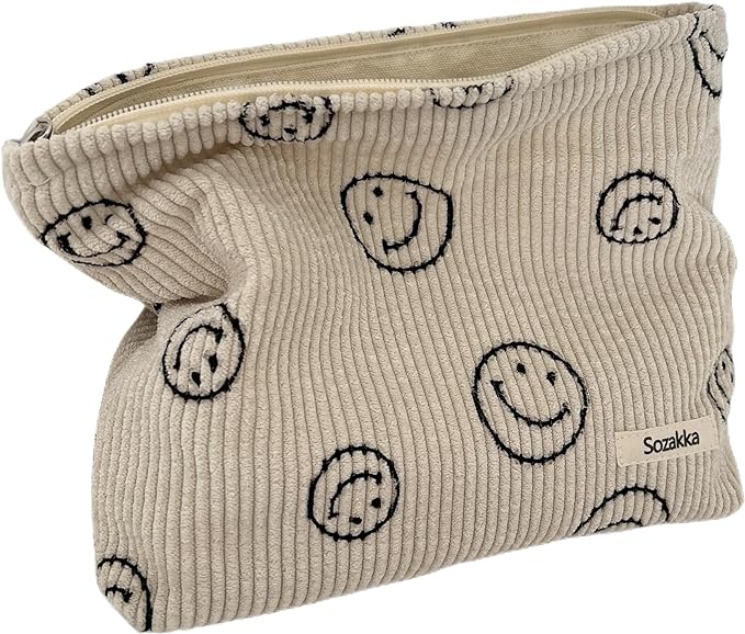 Cosmetic Bags for Women - Corduroy Cosmetic Bag Aesthetic Women Handbags Purses Smile Dots Makeup Organizer Storage Makeup Bag Girls Case Bags (A-Beige)