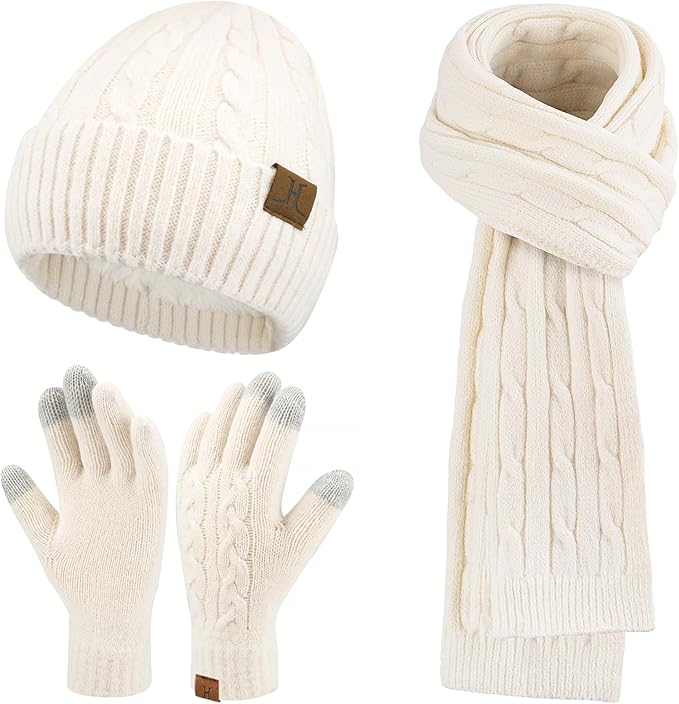 Womens Winter Beanie Hats Long Scarf Touchscreen Gloves Set Warm Knit Skull Caps Gifts for Women