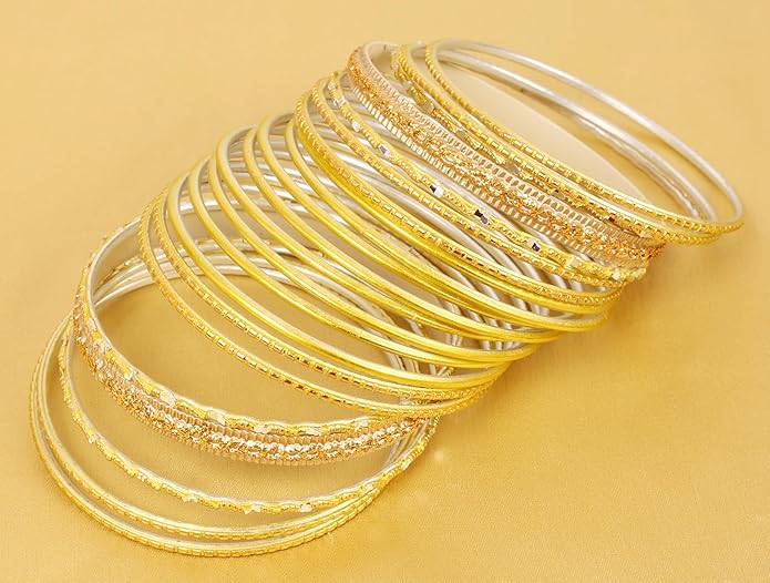 Touchstone Indian Metal Bangles for Women Gold Alloy Bracelets desi 2 Dozen Bangle Collection Bollywood Women's Jewelry Set Multi Stacking Wide Chunky Textured Golden Set of 24 in Gold or White Tone