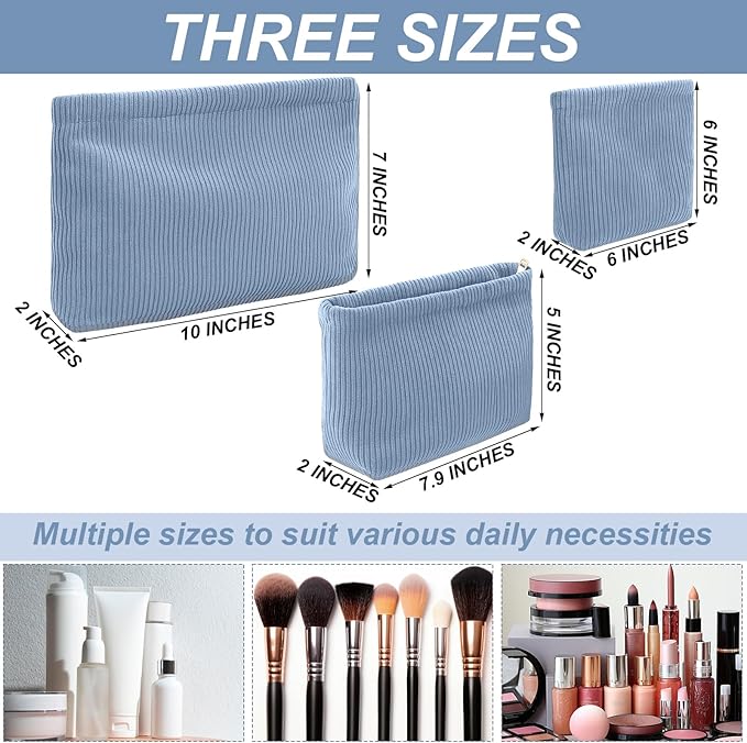 Sanwuta 3 Pack Corduroy Makeup Bag Set Cosmetic Toiletry Travel Pouch Organizer Velvet Makeup Bag for Women Large Pouch Zipper Purse Make up Organizer, Women Girls Gift(Misty Blue)