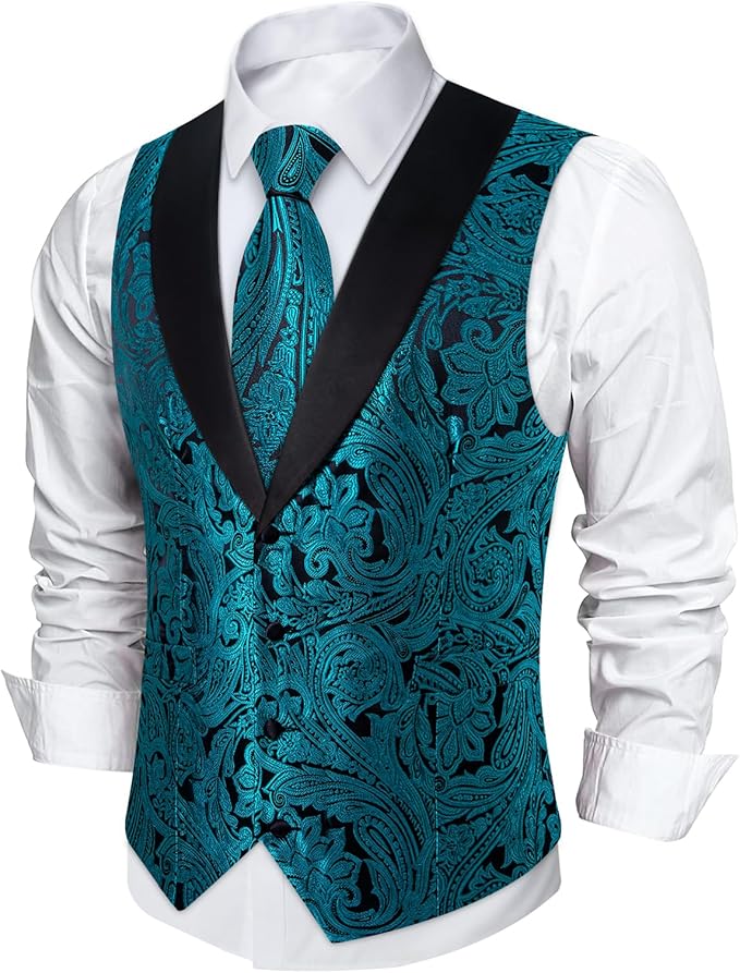 DiBanGu Mens Paisley Suit Vest Silk Jacquard Waistcoat and Necktie Set Formal Shawl Collar Dress Vest 7PCS for Wedding Party