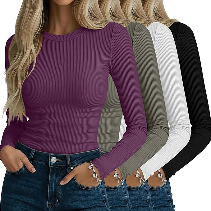 Neer 4 Pack Women's Ribbed Long Sleeve Shirts, Cotton Crew Neck Slim Fit Tops Stretch Knit Casual Base Layer Basic Tee Shirts