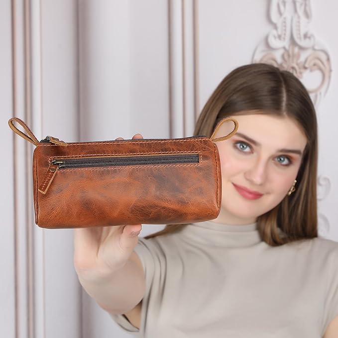 Leather Makeup Bag Small Cosmetics Case for Purse Multipurpose Zippered Pouch for Travel Compact Leather Stationary Organizer Pencil Pouch Gift for Everyday Use