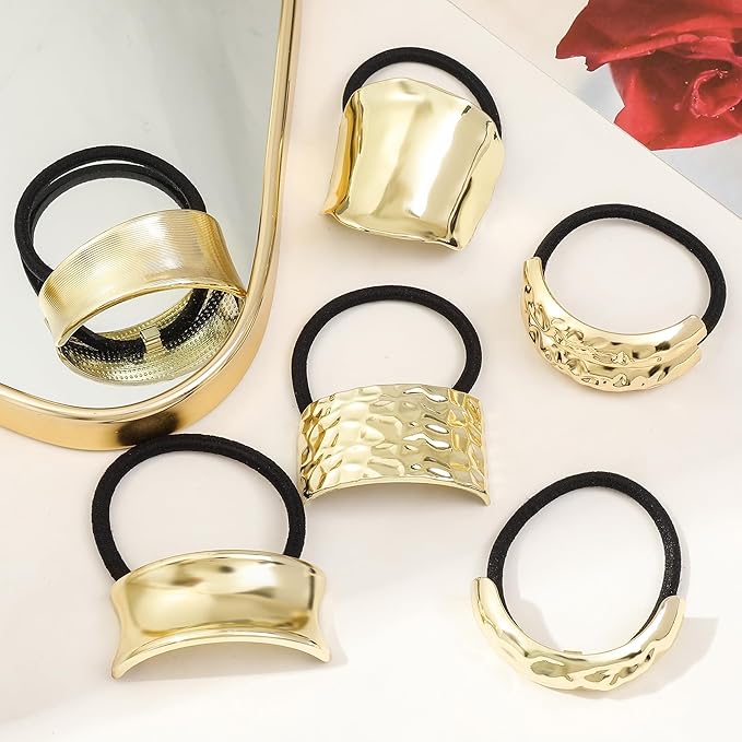 Gold Metal Hair Ties for Women - Cuffs, Accessories, Elastic Bands for Thick and Thin Hair Ponytails