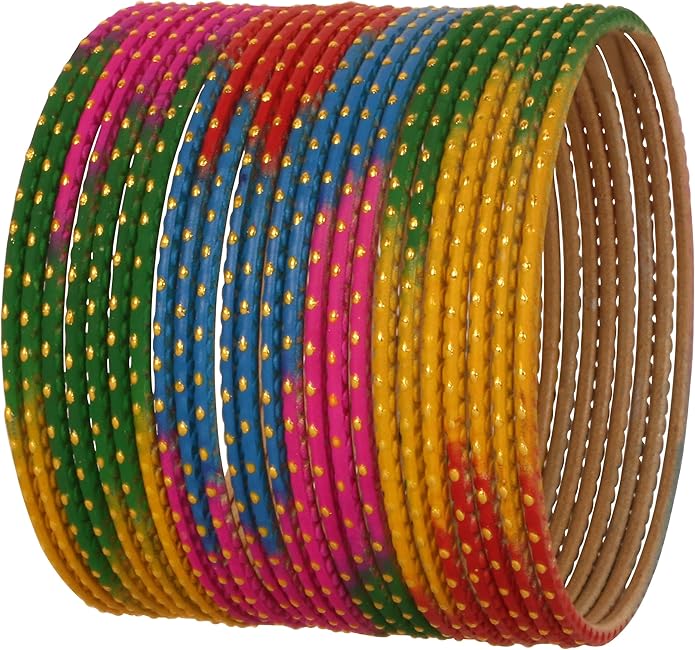 Touchstone Indian Bollywood Trending Fashion Handcrafted Beautifully Trimmed Edges Textured Golden Dots Designer Jewelry Bangle Bracelets. Set of 24 for Women.