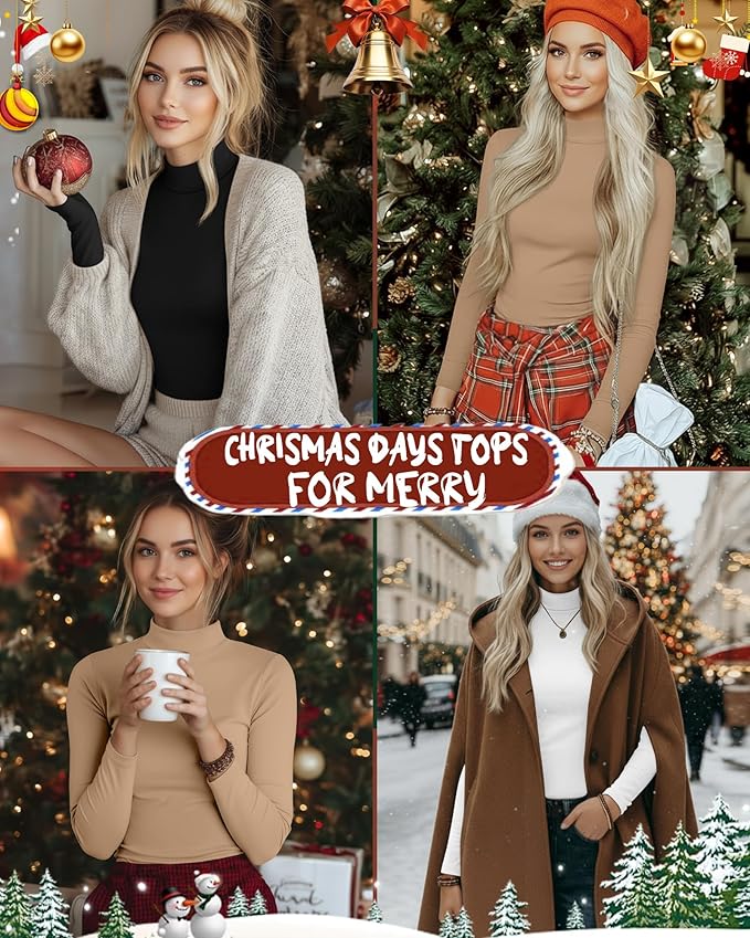 Ficerd 3 Pack Women's Mock Turtleneck Shirts, Long Sleeve Mock Neck Pullover Tops Slim Fitted Stretch Undershirt Tee Blouse