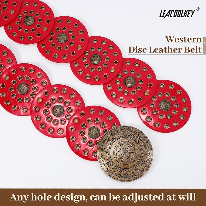 LEACOOLKEY Women's Boho Disc Belt Wide Western Leather Belt Vintage Concho Waist Belts for Dress Jeans