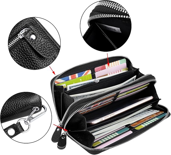 YALUXE Real Leather Zip Around Wallet RFID Blocking Wristlet Handbag Purse Clutch with Double Zipper Pockets