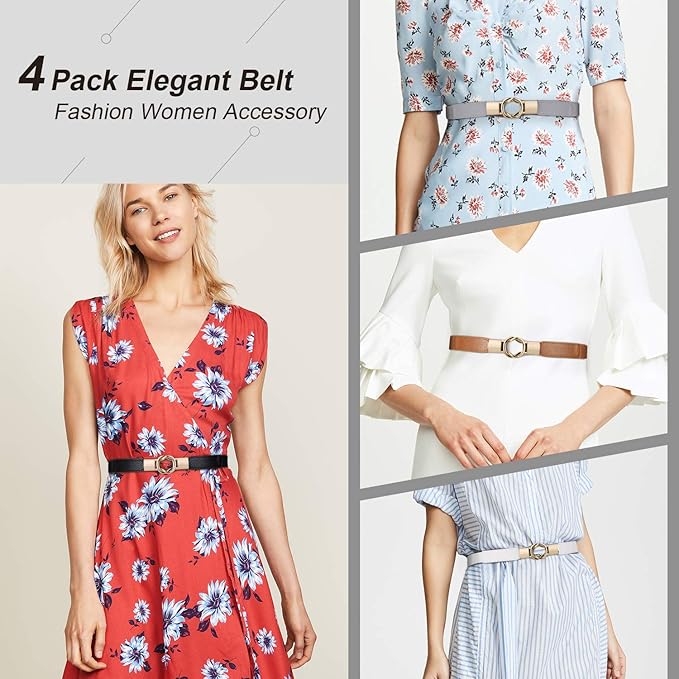 WERFORU Women Skinny Belt for Dresses Retro Stretch Waist Belt with Gold Buckle Set of 4