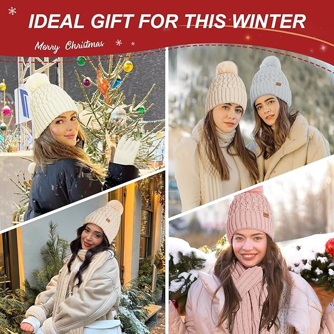 Womens Winter Warm Beanie Hat Long Neck Scarf and Touchscreen Gloves Set with Fleece Lined Pom Skull Caps for Women