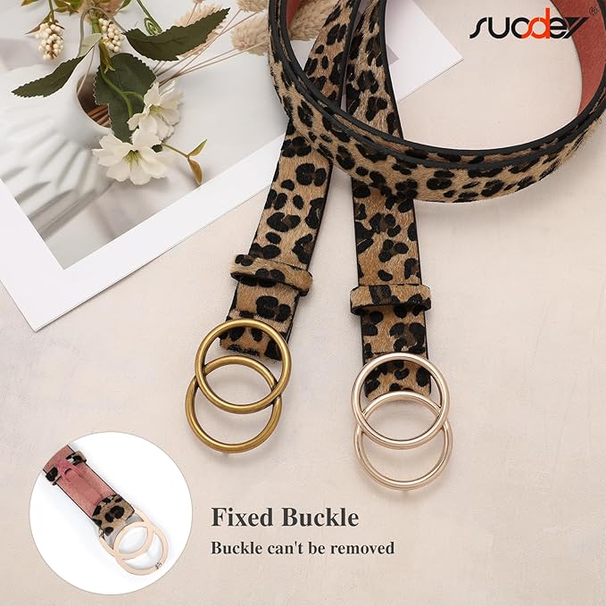 SUOSDEY Women Leather Belt Fashion Double O-Ring Soft Faux Leather Waist Belts For Jeans Dress