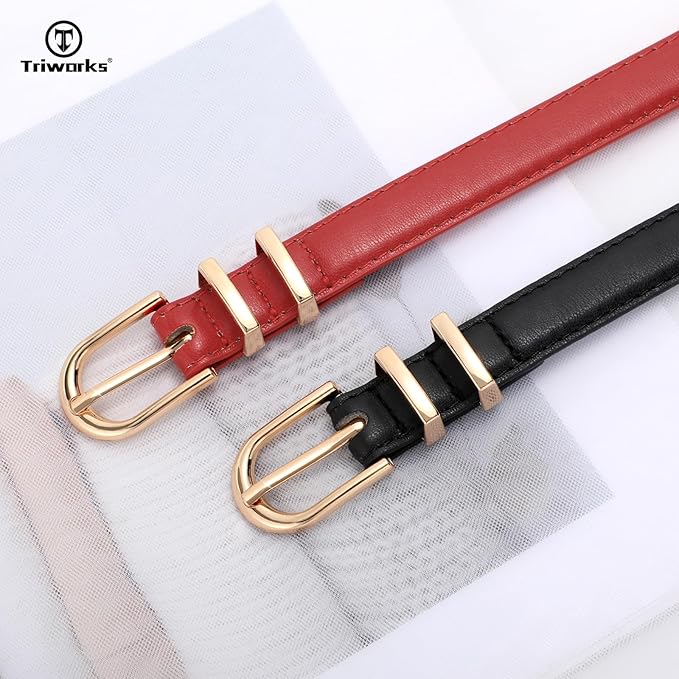2 Pack Women Skinny Leather Belts for Jeans Pants Thin Faux Leather Belt with Gold Buckle