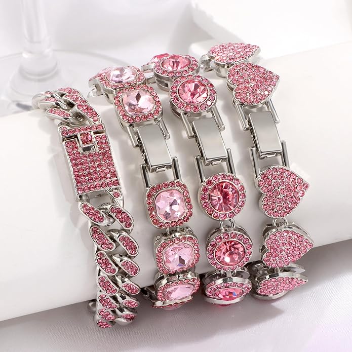 4PCS Gold Bracelets for Women Silver Clustered Tennis Bracelet for Women Heart Round Diamond Cuban Bracelet Layered Link Bracelet Set Fashion Jewelry for Women Set