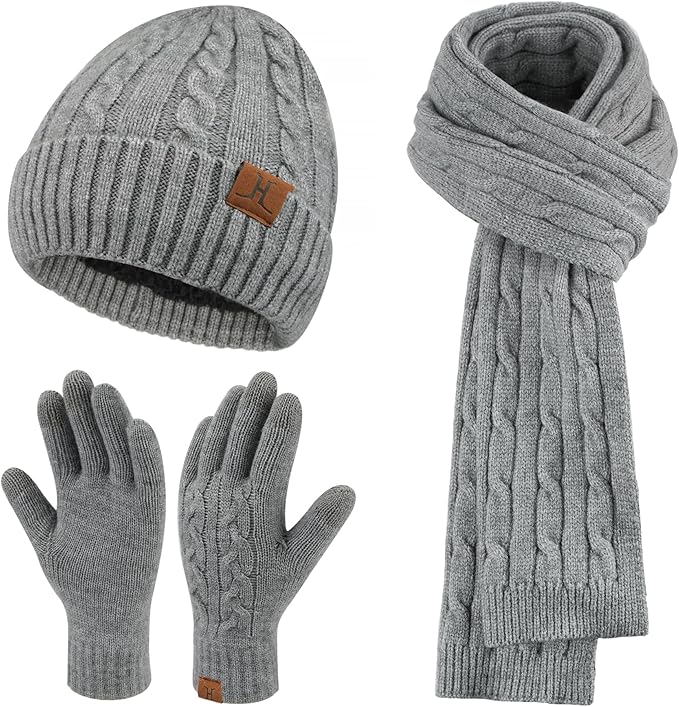 Womens Winter Beanie Hats Long Scarf Touchscreen Gloves Set Warm Knit Skull Caps Gifts for Women