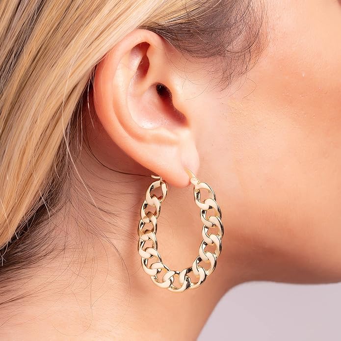 Barzel 18K Gold Plated Link Chain Hoop Earrings for Women 1.5in length 7.8mm wide - Made in Brazil
