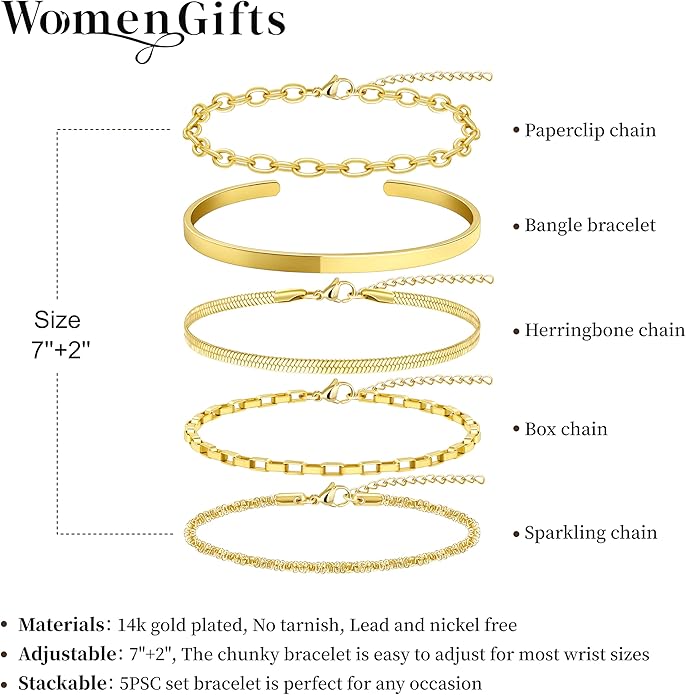 Dainty Thin Gold Bracelet for Women Stack, 14K Gold Plated Bracelet Stackable Set with Bangle Cuff, Box, Herringbone, Paperclip, Figaro, Sparkling Link Chains, Simple Waterproof Non Tarnish Minimalist Gifts for Women Trendy