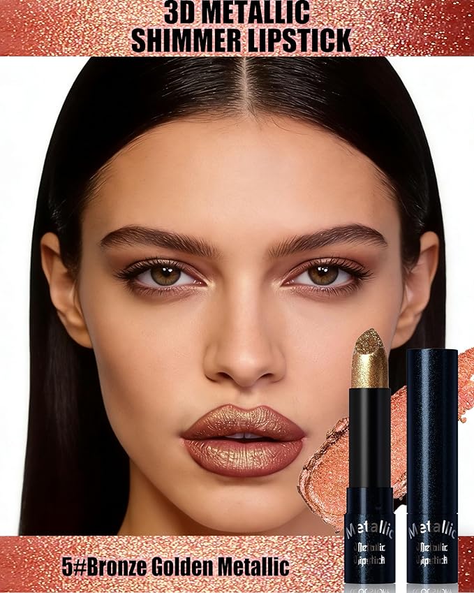Glitter Metallic Lipstick Shimmer Lip Stick Long Lasting,Orange Gold Diamond Cream Shimmer Tinted Lip Gloss High Pigmented,Metallic Matte Red Lipcolor Stain Women Christmas Non Stick Lips Makeup-05