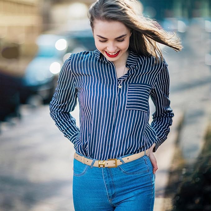 Women's Fashion Classic Metal Buckle Leather Belt with Jeans Dress